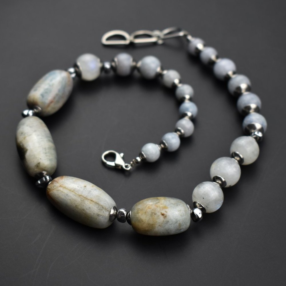 Super chunky stone bead necklace, silver hematite nuggets brutalist necklace